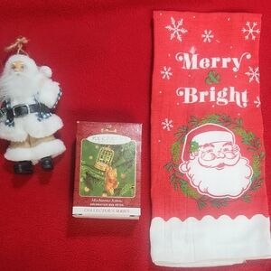 Red 'Merry & Bright' Towel with Santa Design & Keepsake Kitty